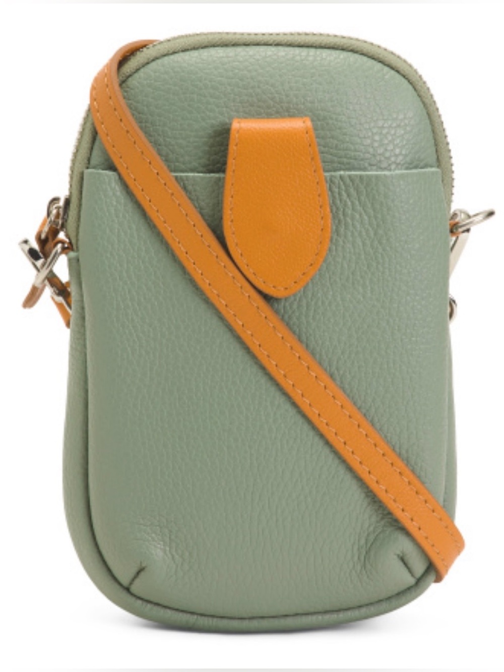 Divine FirenzeAmandaLeather Sage Crossbody with Tan Strap Phone Bag